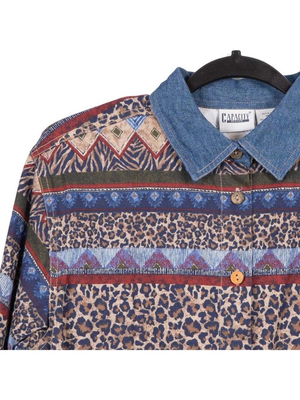 VTG Safari Denim Shirt M Petite 90s Leopard Geometric Button Up Leopard Camp - Picture 2 of 6